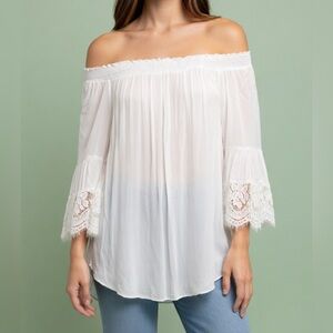 Off-Shoulder White Lace-Sleeve Women's Top